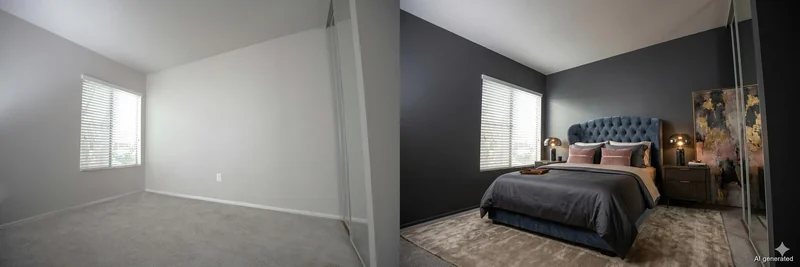Nog een voorbeeld van virtual staging die de ruimte eerlijk en aantrekkelijk presenteert, zonder de werkelijkheid te verdoezelen.
