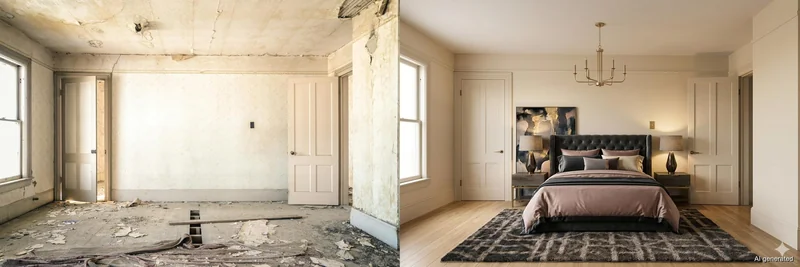 Virtual staging in de praktijk: van vervallen ruimte naar een verzorgde, presentabele kamer.