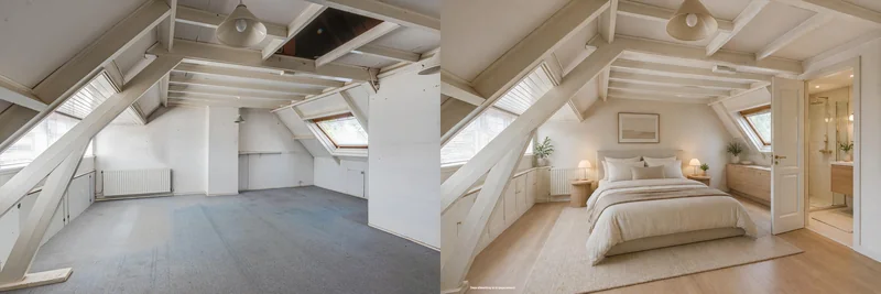Een voorbeeld van hoe het niet moet: de AI heeft de badkamer op een architectonisch onmogelijke plek geplaatst en de opening naar de nok afgesloten — in strijd met de Funda-richtlijnen voor virtual staging.